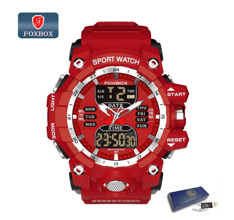 FOXBOX Original Electronic Digital Watch Men Electronic Sport Waterproof Watch RED