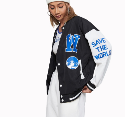 Preppy Letter Print Pocket Color Block Oversize Jackets (Black)