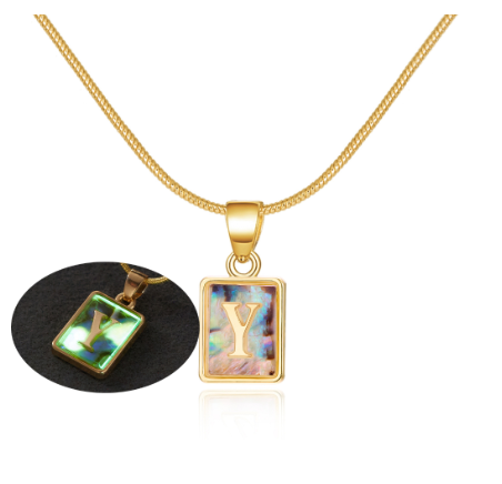 18K Gold 26 Letter Square Colorful Nightlight Pendant Snake Bone Chain Necklace English Letter Pendant Necklace Y