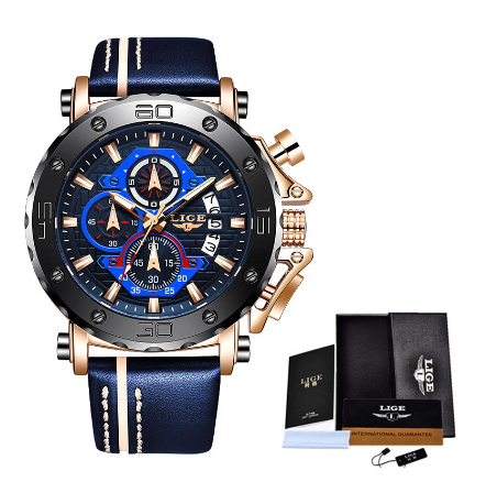 LIGE Official Men Watch Leather Watch Mens Sport Waterproof Quartz Watch Chronograph Wristwatch For Men ROSEGOLD BLUE