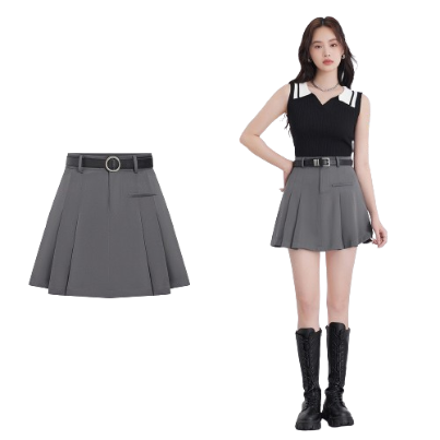 Lovito Women Pleated Fake Pocket Skirts L58Ad074 (Grey)