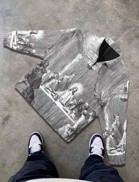 Men's Lightweight Casual Lapel The Last Supper All Over Allover Print Zip Up Jacket, Spring Autumn