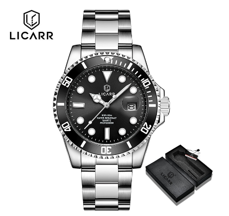LICARR Brand Men's Watches Top Luxury Casual Sport Military Quartz Men Watch Fashion Luminous Waterproof 9512 SILVER BLACK