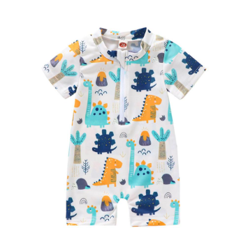 Kids Boys Casual Cartoon Dinosaur Printed Short Sleeve Zipper Swimwear