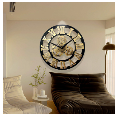 Vintage Large Wooden Iron Wall Clock with Roman Numerals Home Decor Retro Wall Clock Art Gear Wooden