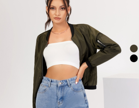 Korean Casual Unisex Rib-Knit Zipper Pocket Bomber Jackets For Women (Dark Green/Black)