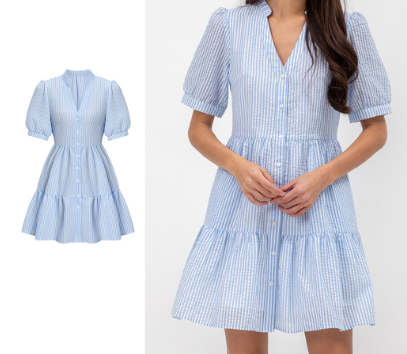 Lovito Women Ruched Puff Sleeve Striped Dress L62ED137 Blue