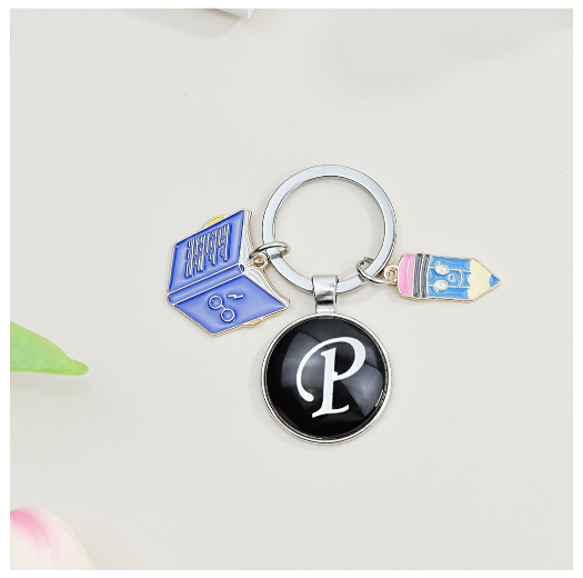 1Pcs Simple Glass 26 Letter Keychains Fashion Book Pencil A-Z Initials Keyrings Student Gifts Souvenir Handbag Pendant Ornament P