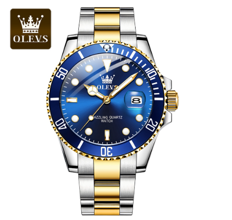 Olevs Watch For Men Waterproof Silver Green Relo With Box Luxury Business Luminous Stainless Steel Wrist Watches BLUE DIAL TWO TONE STRAP