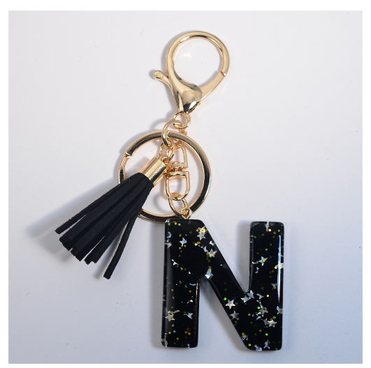 Black A-Z 26 Letter Key Chain Fashion Star Sequin Filled Initials Keyrings For Women Bag Ornaments Charm Car Key Holder Gifts N