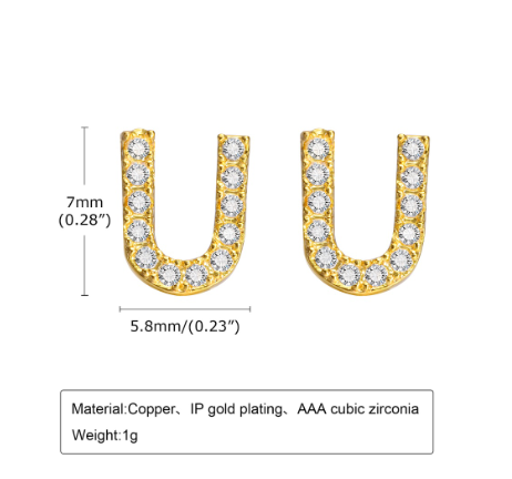 Vnox Gold Zircon Cubic Letter Stud Earrings,Initial Alphabet Small Hypoallergenic Earring One Pair U
