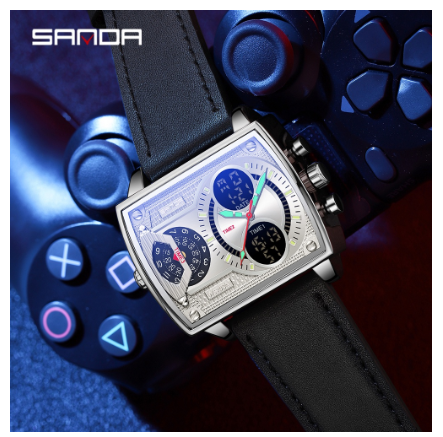 Sanda Multi-function Three Time Zone Luminous Digital LED Display Watch Successful Men Will Burst Out Charm Quartz Watch BLACK SILVER