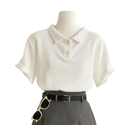 Lovito Women Casual Plain -Waffle Knit -Polo T-Shirt L68ED039 (White)