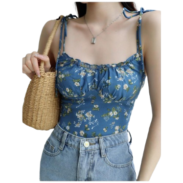 Lovito Women Casual Ditsy Floral Lace Up Lettuce Trim Smocked Tank Top LNL38052 (Blue)