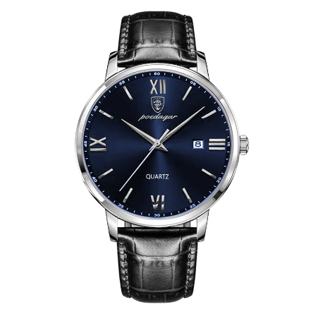 POEDAGAR genuine leather watch for men waterproof 2023 original branded ultrathin calendar luminous casual quartz watch SILVER BLUE