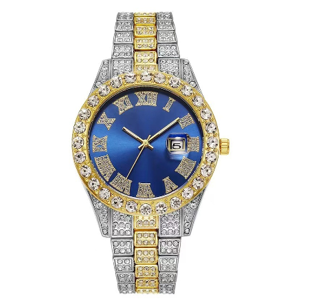 new rhinestone starry hip hop men's watch magnifying glass calendar full diamond roman scale alloy steel band watch men F8