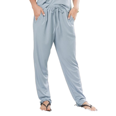 INSPI Chic Plain Ribbed Pants for Women Korean Casual Rib Knitted Pajama Plus Size Wide Baggy Pant (Silver Blue)