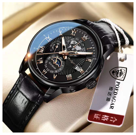 POEDAGAR watch for men water proof original 2023 new fashion multifunctional genuine leather calendar display wristwatch Watch BLACK