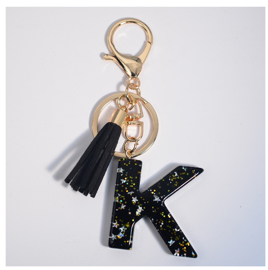 Black A-Z 26 Letter Key Chain Fashion Star Sequin Filled Initials Keyrings For Women Bag Ornaments Charm Car Key Holder Gifts K