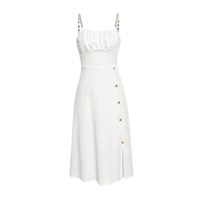 Lovito LIFE IS A PARTY Elegant Plain Button Chain Women Dress L40EE043 (White)