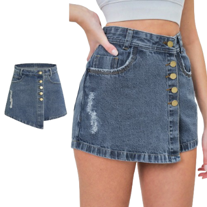 Lovito Women Casual Plain Asymmetrical Spiked Washed Denim Shorts LBL05230 (Blue)