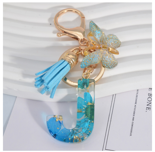 Sweet Blue Daisy A-Z Letter Keychains Fashion Butterfly 26 Resin Keyrings With Tassel Car Key Holder Accessories Pendant Gifts J