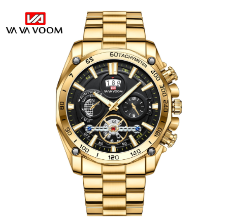 VA VA VOOM Trendy Men's Quartz Watch with Night Light Watches Calendar Wristwatches for Male GOLD