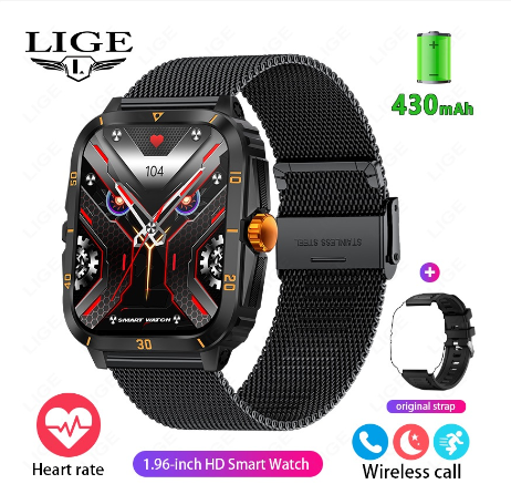 LIGE Original Smart Watch Men Full Touch HD Screen 600mAh Large Capacity Battery 100+ Sports Fitness WristWatch IP67 Waterproof Watch MESH YELLOW