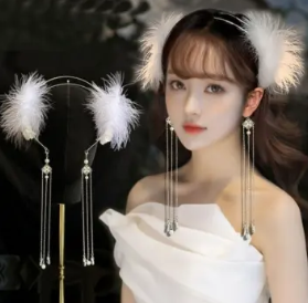 Korean White Feather Tassel Headband Sweet Girl Metal Double Bead Chain Hair Band Woman Hair Accessories