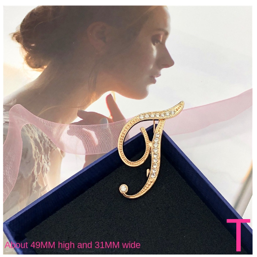Letter Brooch Korean Version Rhinestone Atmospheric and Elegant Brooch Alloy Inlaid Diamond Temperament Brooch T