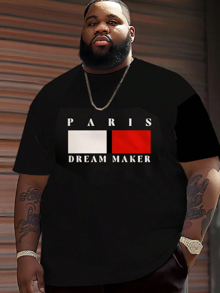 Plus Size Men's Summer Casual Cartoon Letter Print Crew Neck Short Sleeve T-Shirt