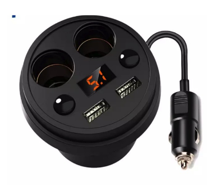 Cup Style 2 USB Ports Car Charger with 2 Socket Cigarette Lighter LED Voltage  Display