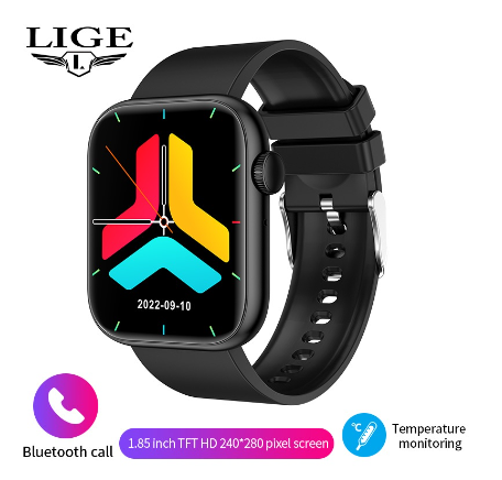 LIGE HD Screen Smart Watch 100+ Sport Modes Thermometer Fitness Health Heart Rate Monitor 1.85 inch Bluetooth Call Digital QX7 Watch SILICONE BLACK