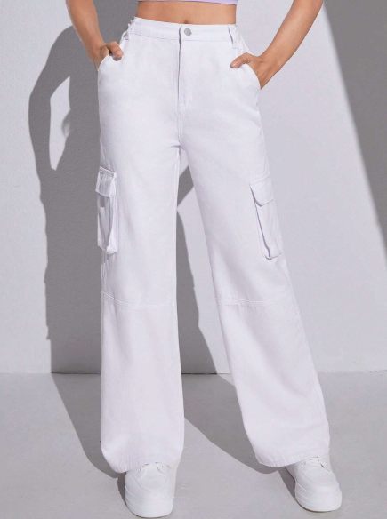 SHEIN High Waist Wide Leg Straight White Cargo Denim Pants, Retro Loose Fit Slash Pockets Baggy Cargo Jeans, Street Casual Trendy Style, Kid's Denim Jeans & Clothing