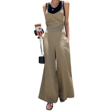 Lovito Women Casual Plain Lace Up Jumpsuit LNE30110 (Khaki)