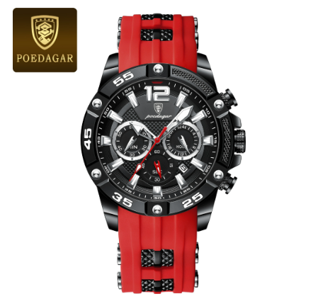 POEDAGAR sports watch for men waterproof original fashion silicone multifunctional chronograph watch luminous calendar display Watch RED