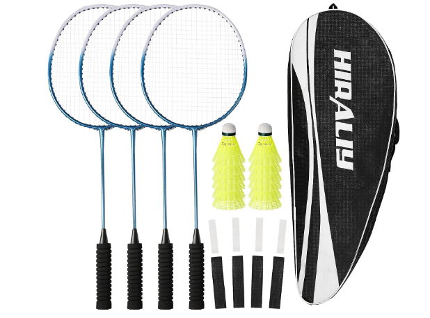 HIRALIY Badminton Rackets Set of 4 for Outdoor Backyard Games, Including 4 Rackets, 12 Nylon Shuttlecocks, 4 Replacement Grip Tapes and 1 Carrying Bag