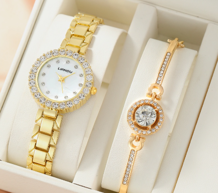 Fashion Watch For Women Diamond Gold Steel Strap Watch + With Bracelet