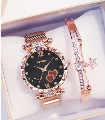 Original Sports Waterproof Black Leather Strap Watch for Women with Bracelet SK0106