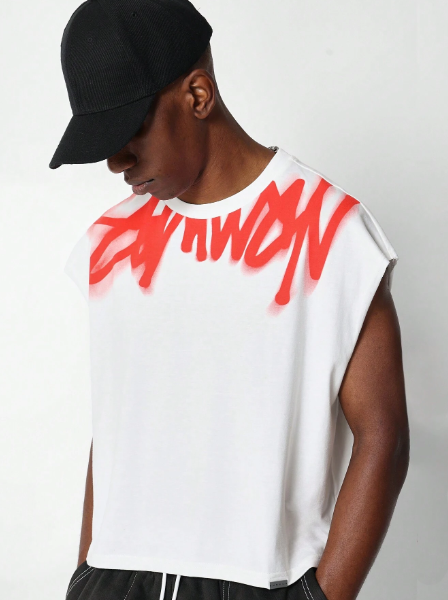 SUMWON Crop Fit Raw Edge Sleeveless Tank Top With Neck Graffiti Graphic Print