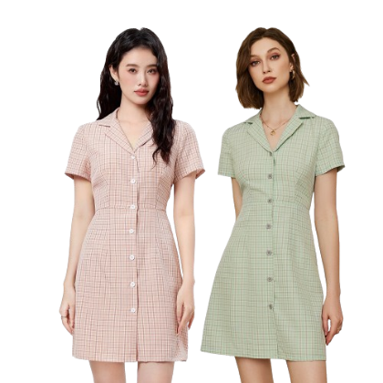 Lovito Preppy Plaid Collar Shirt Summer Fitted A-Line Dress For Women L19D052 (Green/Grey Pink)