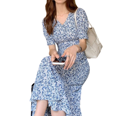 Lovito Women Elegant Ditsy Floral Tie Back Dress LNL36106 (Blue)