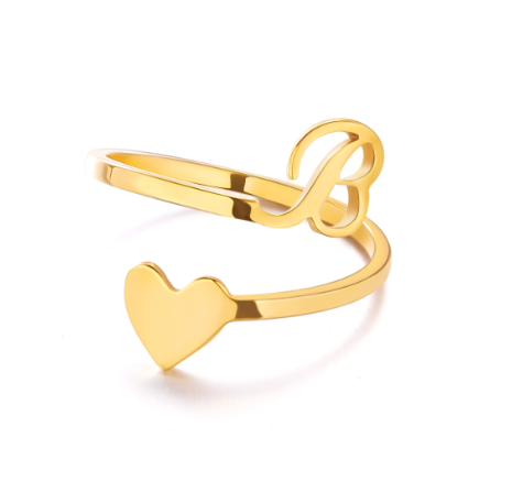 Gold Stainless Steel A-Z Rings Initial Letters Heart Rings Women Fashion Non Fading Jewelry Adjustable B