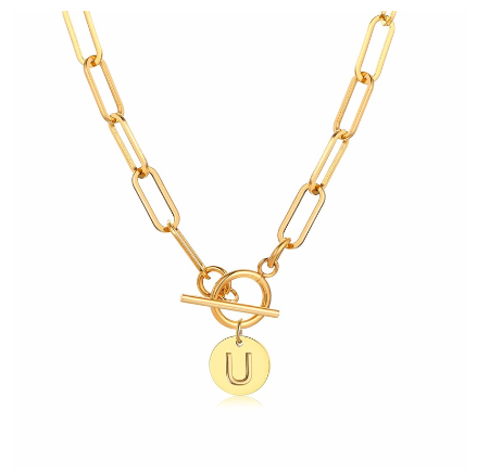 Vnox Women Stainless Steel Gold Plated Initial Pendant Necklace with Paperclip Necklace U