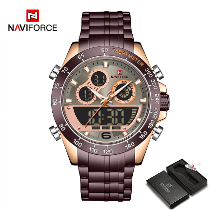 Naviforce NF9188 Men Luxury Gold For Digital Sport Chronograph Quartz Military Steel Band Waterproof Wristwatch COFFEE