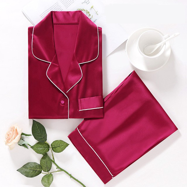 FallSweet Pajamas Sets For Women Silk Solid Sleepwear Plus Size Nigtwear Sets 5XL (Burgundy)