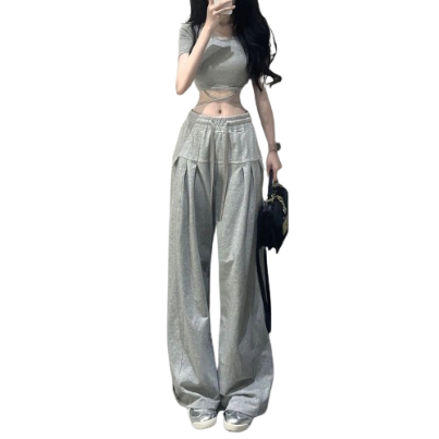 Lovito Women Casual Plain Pleated Pants LNA30026 (Grey)