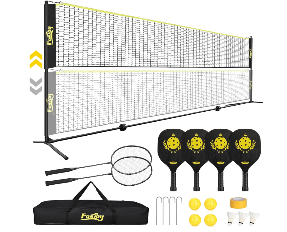 Fostoy Pickleball Set with Net, 17FT Portable Pickleball Net, 36-61in Adjusts All in one Pickleball Badminton Net Set with Pickleball Paddles and Badminton Rackets for All-Weather for Indoor Outdoor