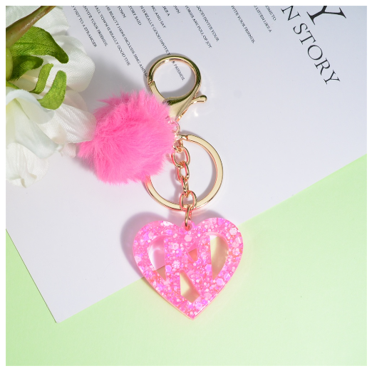 Pink Heart A-Z 26 Initials Keychain With Furball Fashion Letter Resin Keyring For Women Bag Ornaments Car Key Accessories Gifts N
