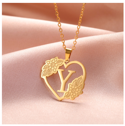 A-Z Initial Flower Necklace Women Stainless Steel Letter Heart Pendant Necklace Choker Y